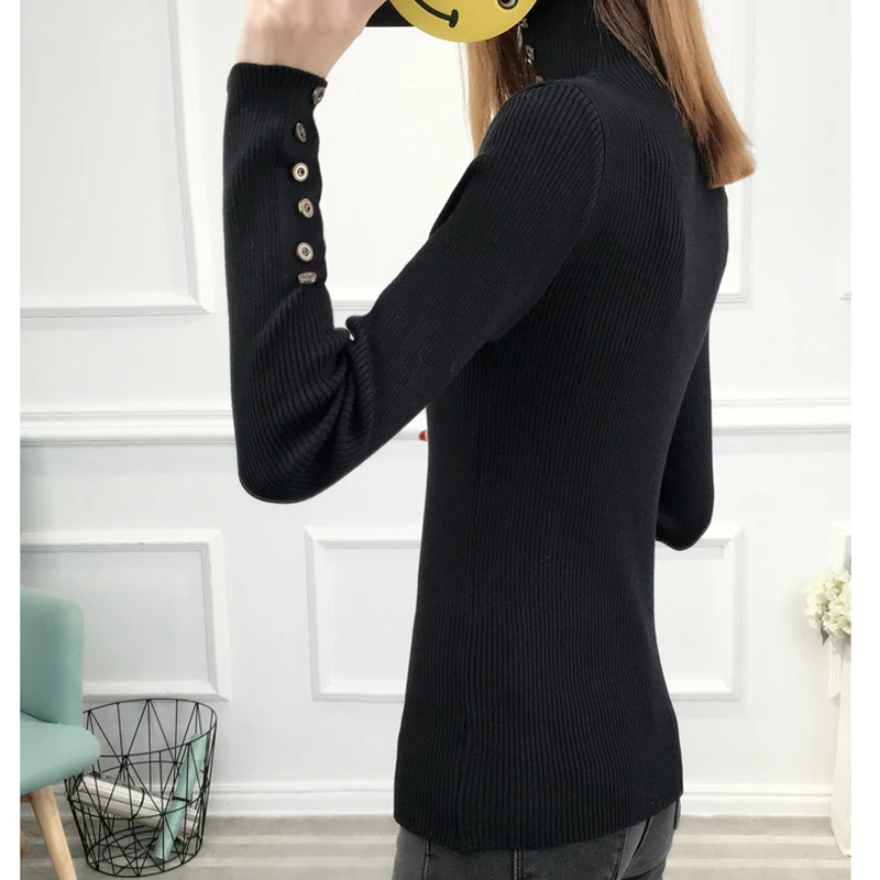 Button Turtleneck Winter Sweater Women 2019 Knitted Pullover Female Jumper Tricot Women's Tops Pull Femme White Black | Женская