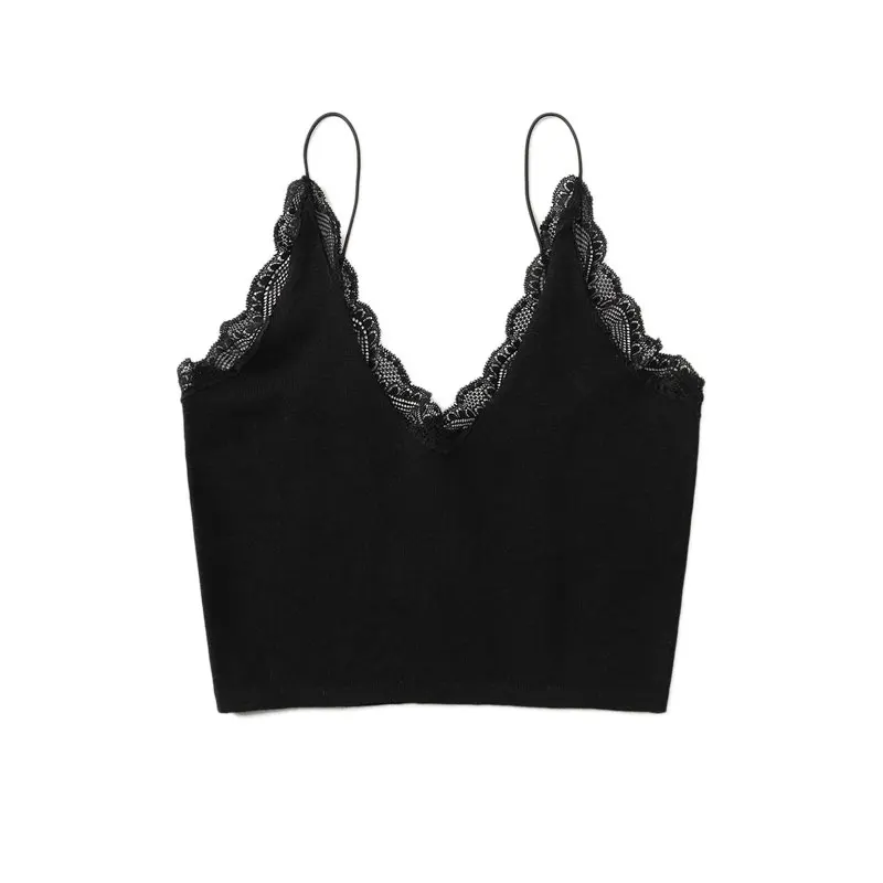 SHEIN черный топ на бретельках с v-образным вырезом и кружевной отделкой, женская уличная одежда на бретельках, v-образный вырез, однотонный облегающий сексуальный топ, женские летние топы