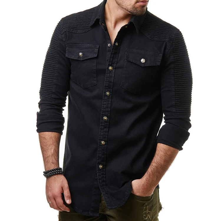 Spring autumn New Men Shirt Long Sleeve Male Shirt Cotton Solid color Fold Mens Shirts Casual Slim Fit Men coat black 3XL
