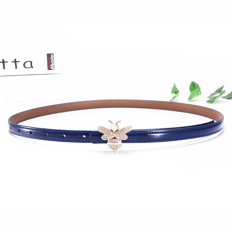 gold buckle blue Брендовые дизайнерские тонкие ремни из натуральной кожи для женщин модные стразы пряжка в виде пчелы платье ремень женский Высокое качество Роскошный ремень - Цвет: gold buckle blue