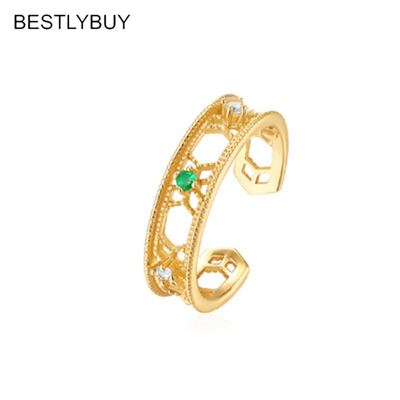 

BESTLYBUY 925 sterling silver gold color inlaid emeralds Ladies Ring Vintage anniversary retro jewelry Engagement Jewelry