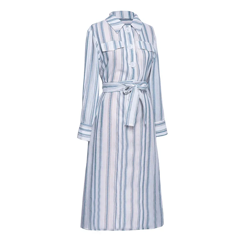 Для женщин Элегантный Синяя рубашка в полоску платье Повседневное с длинным