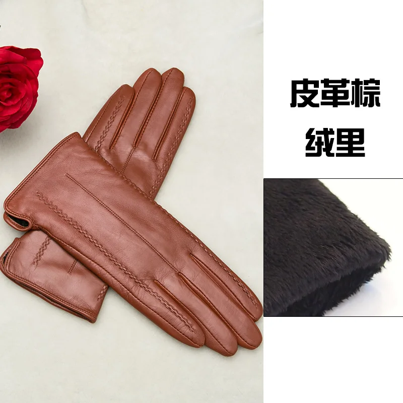 leather brown KLSS Брендовые женские перчатки из натуральной кожи осень-зима плюс бархатные модные элегантные лайковые перчатки женские перчатки для вождения 860 - Цвет: leather brown