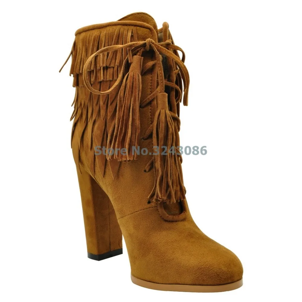 Beli Baru Fringe Suede Ankle Boots Cross Diikat Renda Chunky Kuku Tumit Sepatu Bot Coklat Rumbai Nubuck Sepatu Fashion Kasual Wanita Sepatu