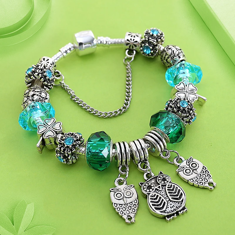 

New Designer Tibetan Silver Owl Beads Bracelets & Bangles Green Style Crystal Charm Diy Jewelery Gift Bracelet for Child Women
