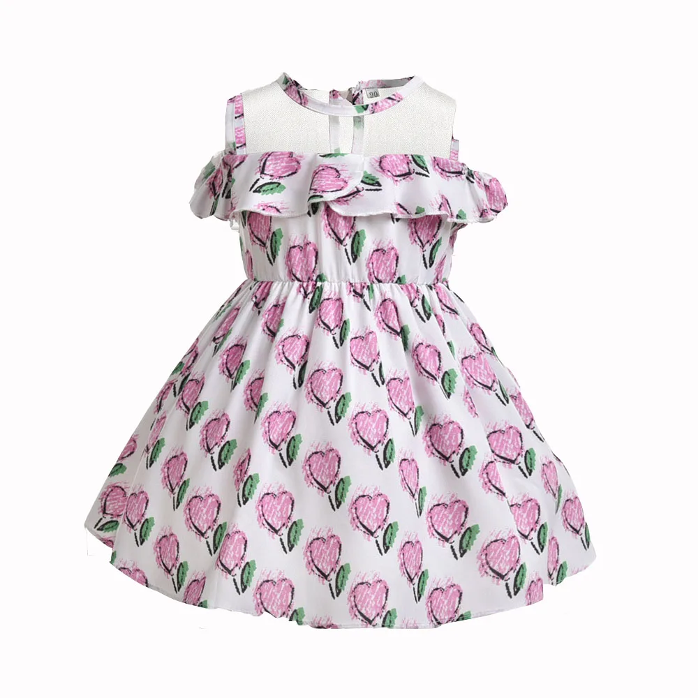 Ruffles Party Gown Dresses Kids Girl Print Cotton Linen Dress New Children Clothing Princess pink heart Clothes | Детская одежда и