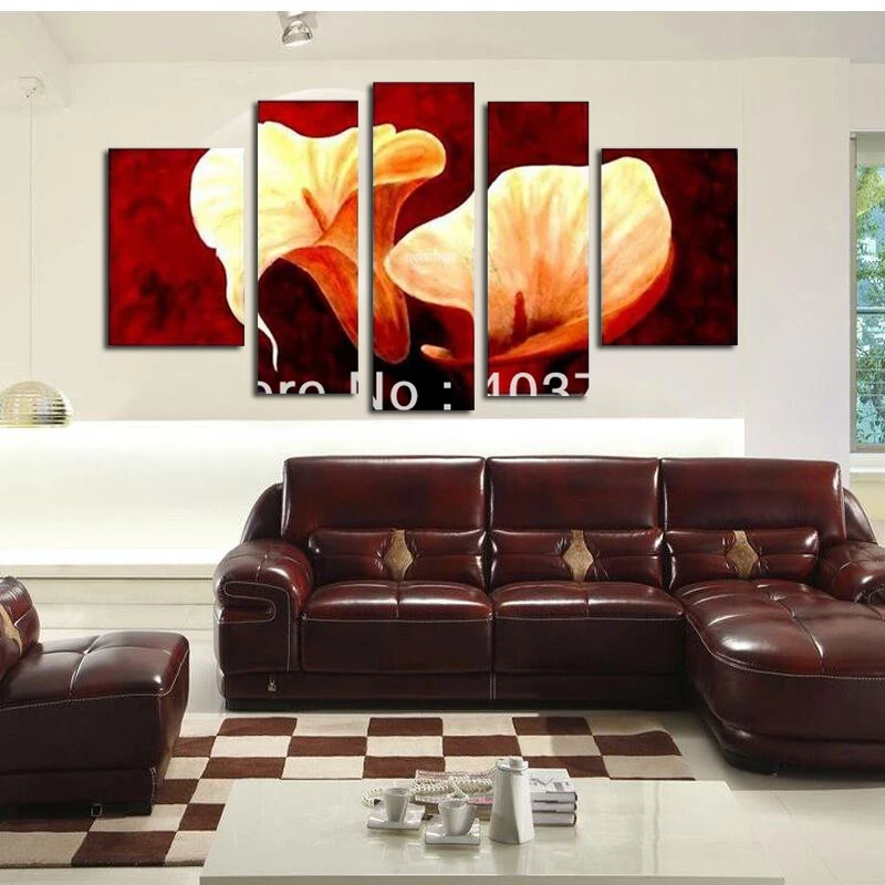 5 панелей Чистая ручная роспись Масляные картины Лилия Цветок красный фон для