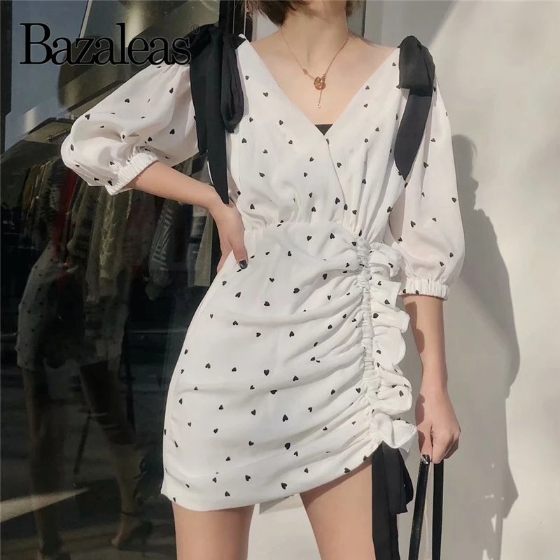 Bazaleas 2019 Fashion Heart Pattern Draped vestidos Vintage Shoulder Tie Bow Women Dress Puff Sleeve women Dresses Casual | Женская