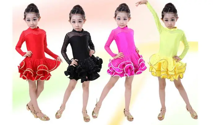 New Rhinestone Kid Girls Latin Dance Dress Costumes Child Long Sleeve Ballroom Costume Lace For | Детская одежда и обувь