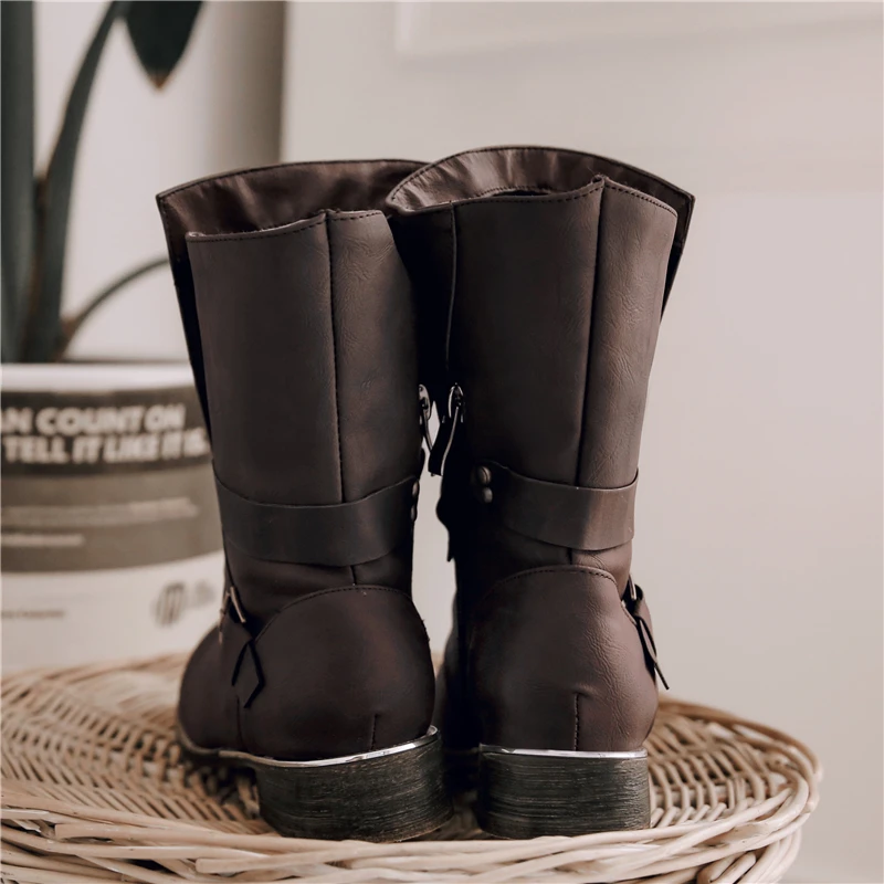 

BuonoScarpe Leather Strap Women Retro Short Boots Zipper Fold Western Botas Mujer Chunky Heels Plush In Ankle Boots Buckle Shoes