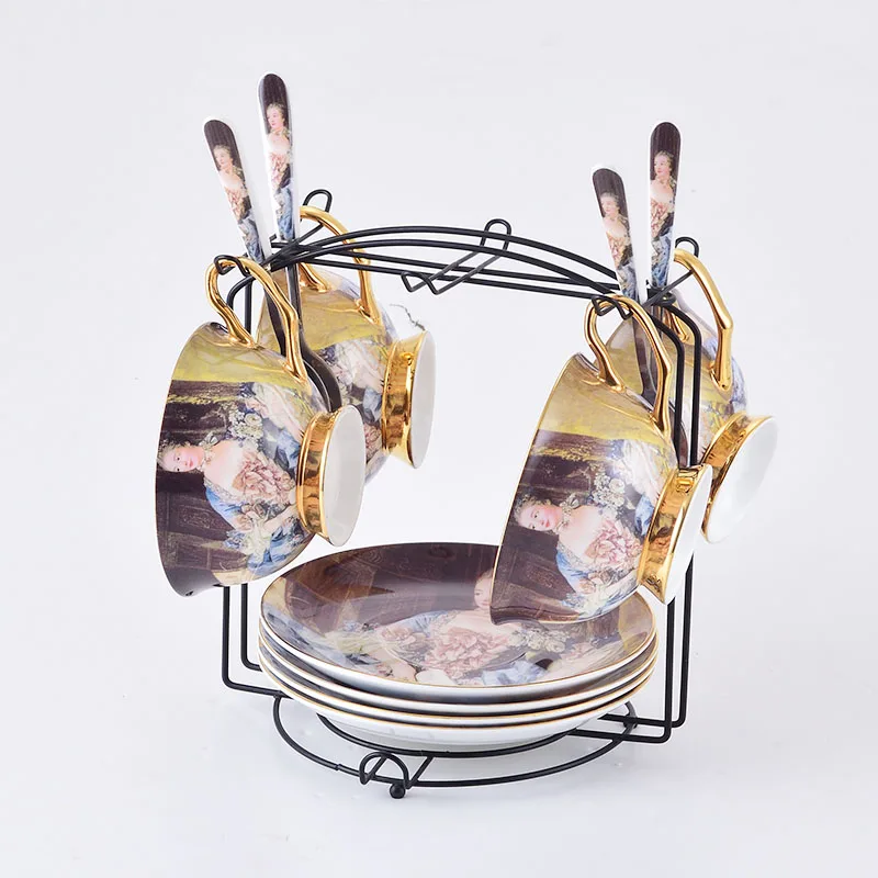 B 4pcs set and shelf Европейский суд Рисунок живопись наборы кофейных чашек Ретро керамическая фарфоровая чайная чашка набор послеобеденный чай посуда для вечеринки свадебные подарки - Цвет: B 4pcs set and shelf