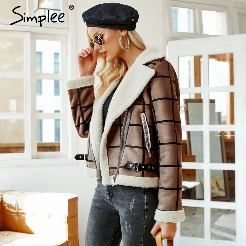 Женская клетчатая куртка Simplee из шерсти шуба искусственного меха с отложным