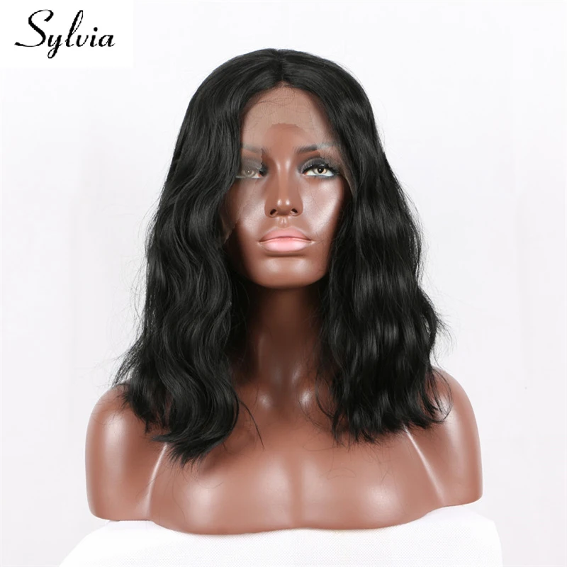 Sylvia 1b # черные натуральные волнистые синтетические парики на шнурках спереди