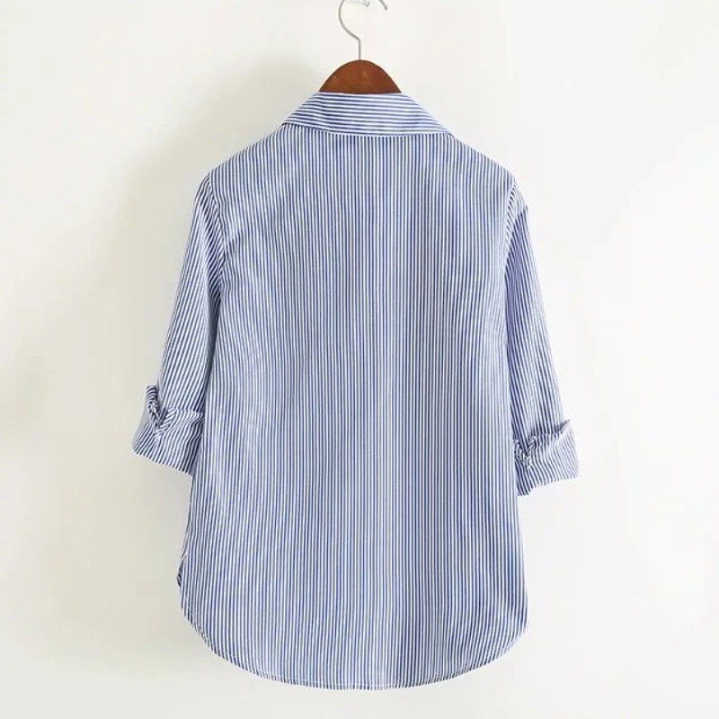2017 женское винтажное офисное одежда в полоску с карманами повседневные блузки
