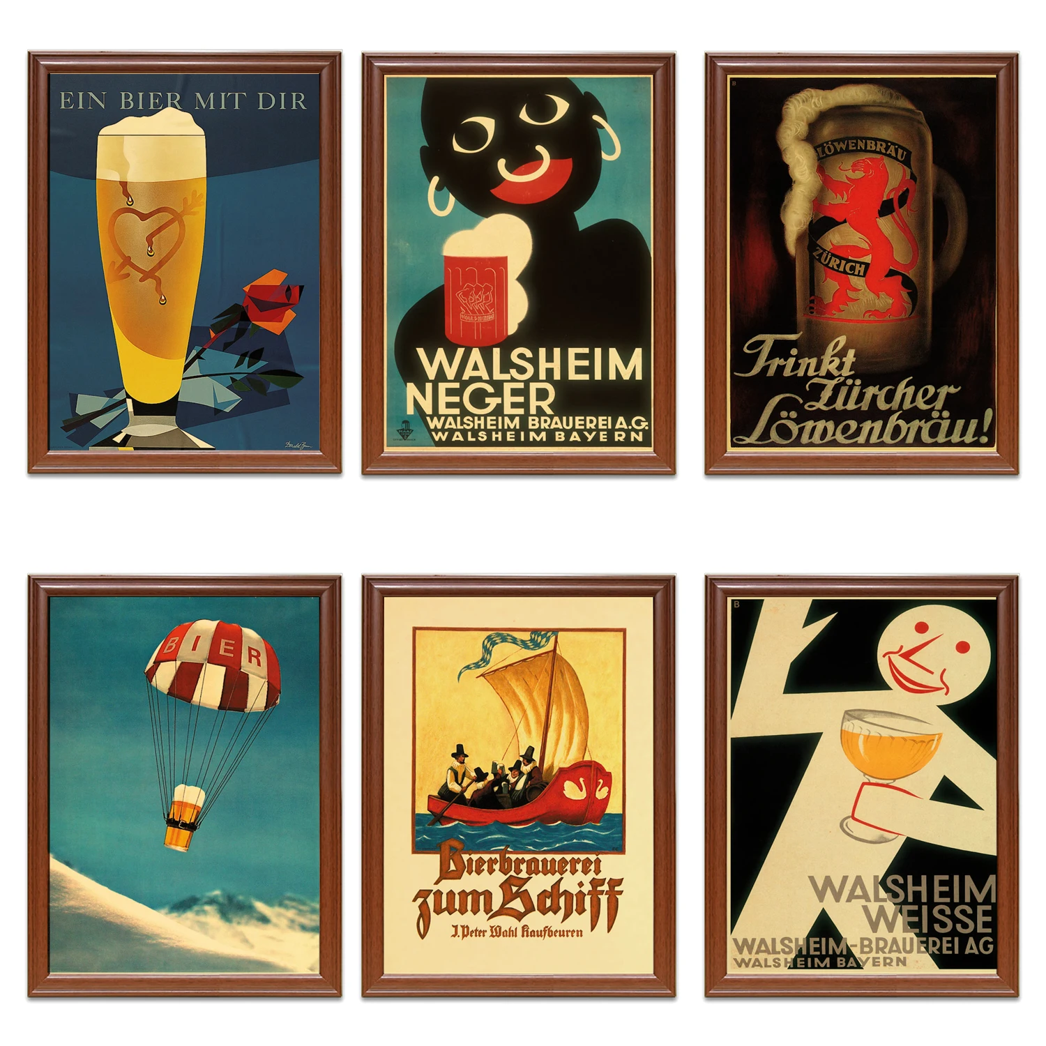 Винтажные рекламные плакаты в стиле 1920-х с напитками спиртом пивом Walsheim Neger
