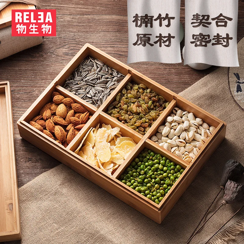 

Japanese 6-frame Bamboo Fruit Tray Candy Box Creative Cover Tray Snack Dry Fruit Bowl Box Storage Container Food Storage