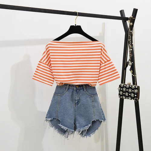 2019 летние женские модные футболки с короткими рукавами полосатая футболка +