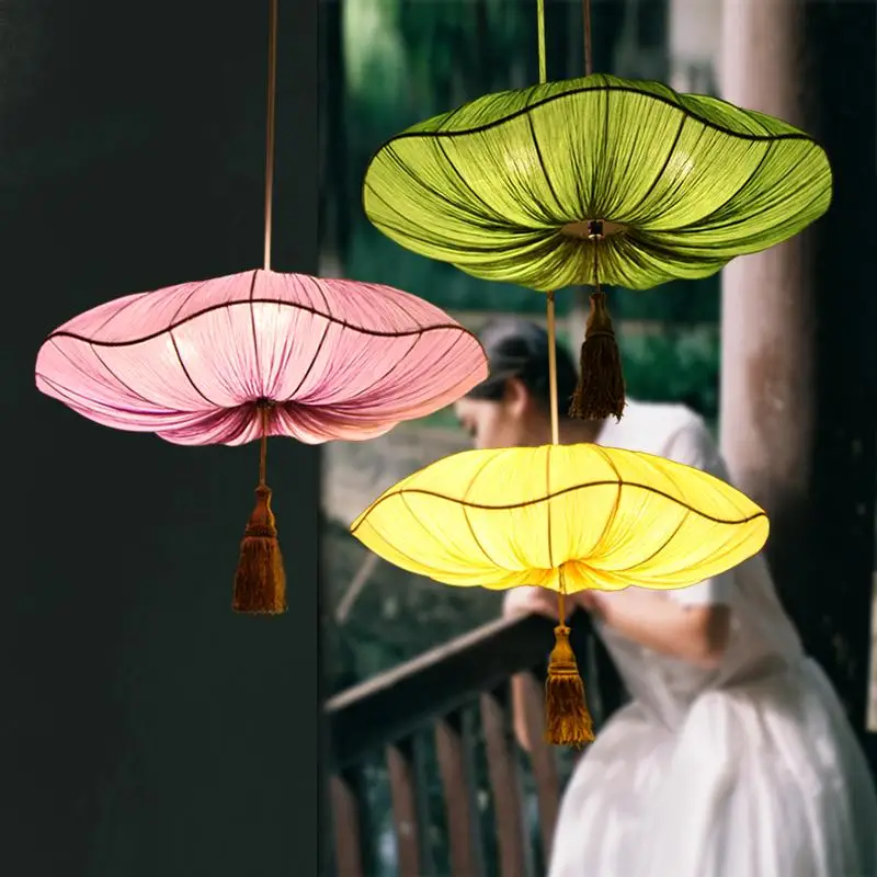 

Red / green / yellow decorative Chinese cloth pendant lights lily lantern retro bedroom living room dining room pendant lamp ZA