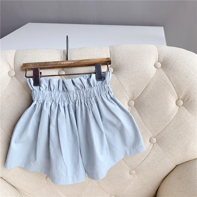Лето 2019 детские шорты для девочек однотонные пляжные с высокой талией брюки