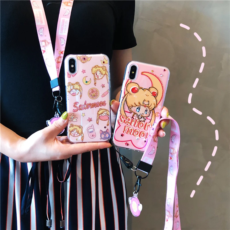 Для iphone XS max XR X Розовый Блестящий Сейлор Мун мягкий чехол+ ремешок для iphone 8plus 7plus 6SP 7 8 6 6S милый блестящий чехол Sukura