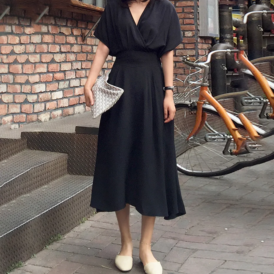 Для женщин Лето маленькое черное платье Тонкий линии расширения v образным