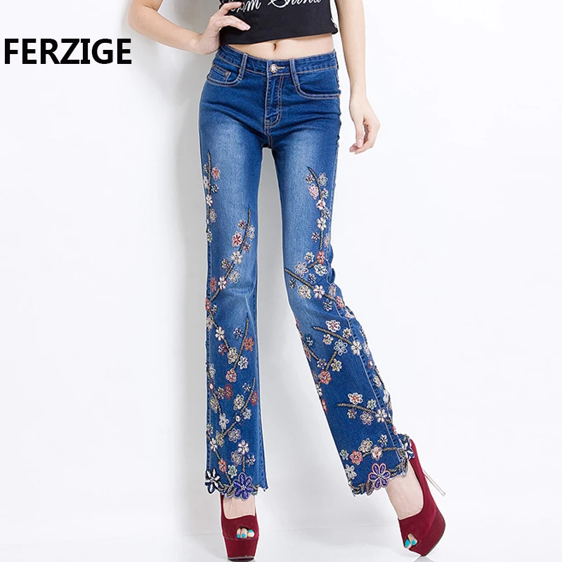 Джинсы женские брендовые 2019 ручная вышивка бисером расклешенные модные