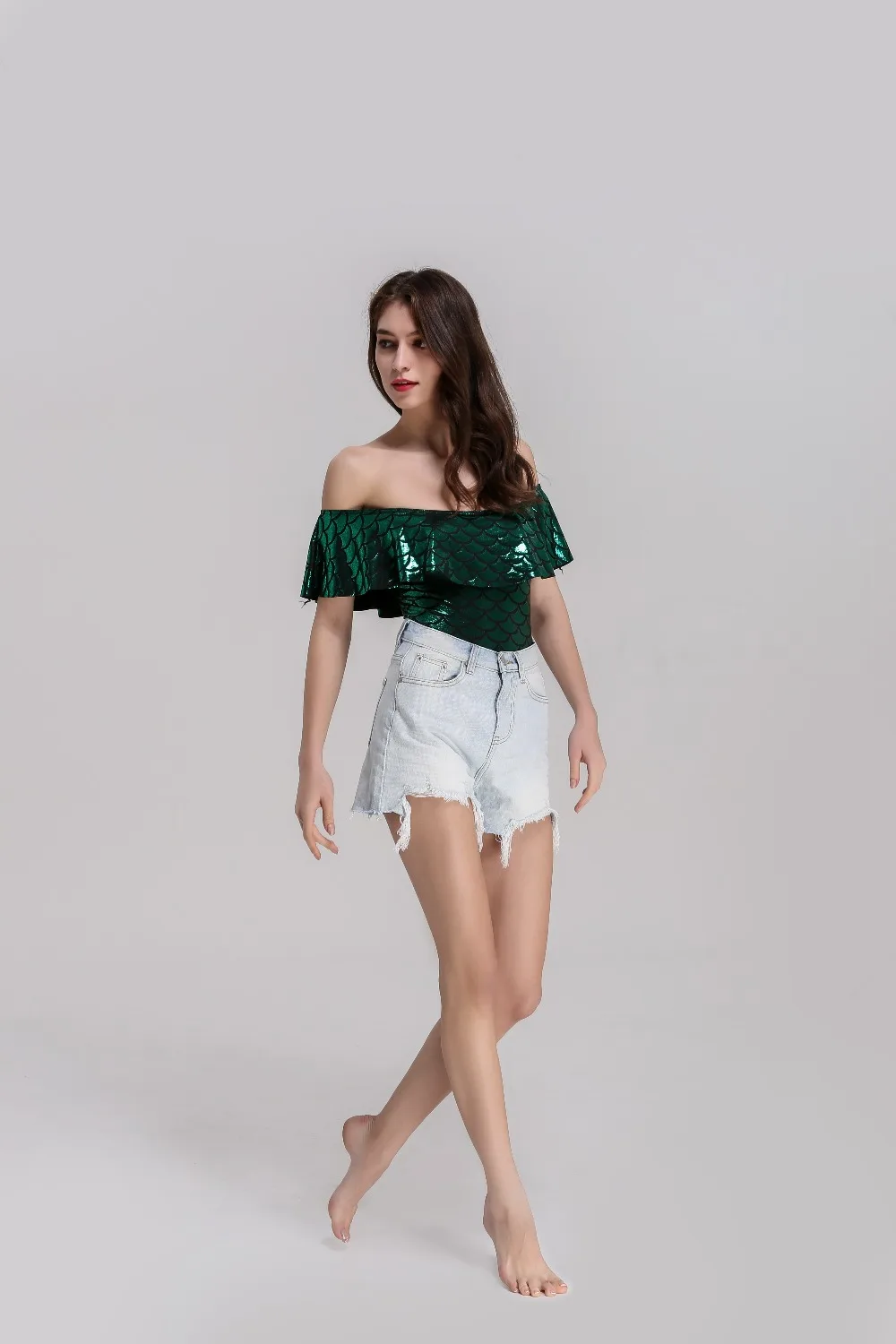 Sexy Sliver Scale Mermaid Off Shoulder Ruffled Bodysuit Ladies Frill Stretch Party Leotard Top | Женская одежда