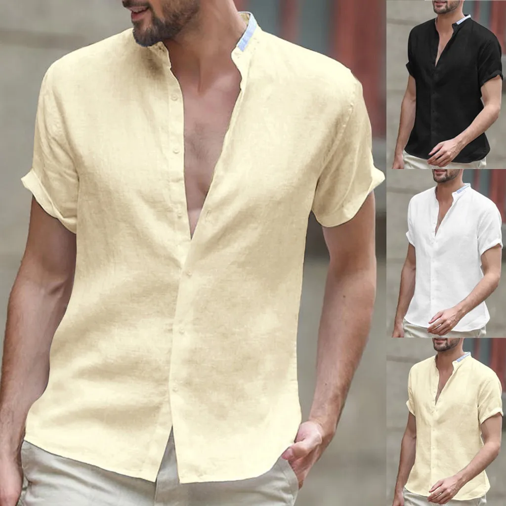 Рубашка мужская с коротким рукавом мешковатая хлопково-Льняная Однотонная