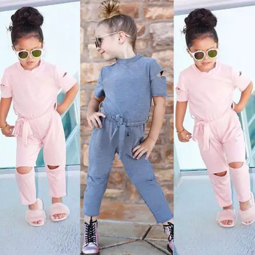 2018 Summer Toddler Kids Baby Girl Short Sleeve Hole Romper Jumpsuits Playsuit Outfits Ripped Pants Fashion Clothes 1T-6T | Детская