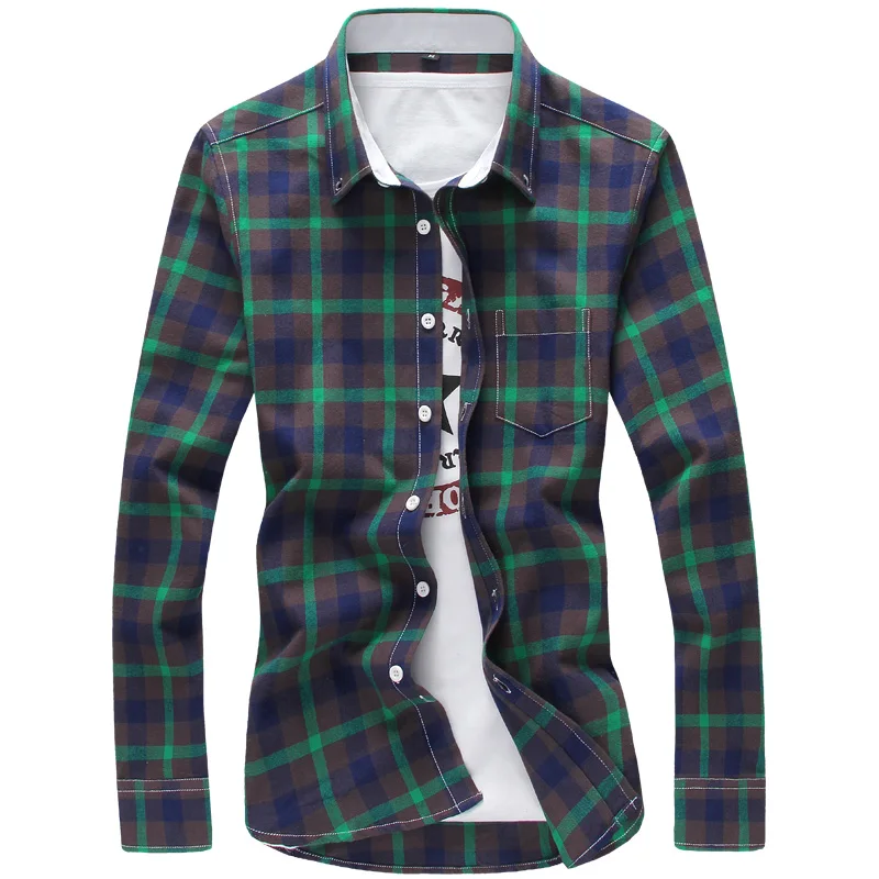 Green 5XL клетчатые мужские рубашки, клетчатая рубашка, бренд, новая мода, на пуговицах, с длинным рукавом, повседневные рубашки размера плюс - Цвет: Green