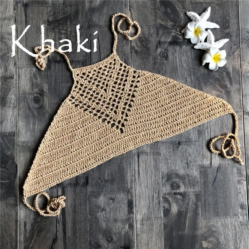 Ручной работы крючком Женский Бикини Топ Boho пляжный Бралетт сплошной Холтер вязаный купальник Бразильский бикини купальный костюм Топ