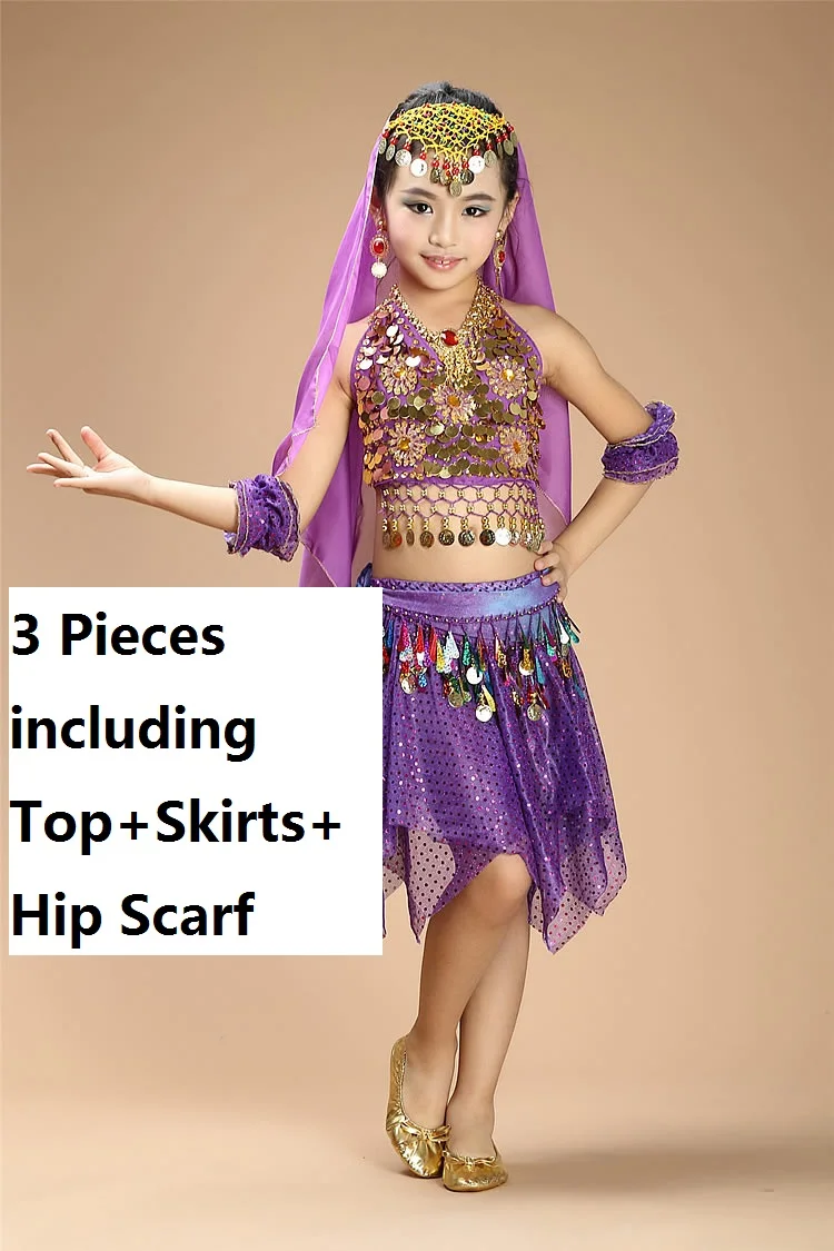 purple3pcs Детское платье для танца живота для девочек, платья, штаны, топ для танца живота и штаны, костюм, комплект для девочек, индийская болливудская одежда - Цвет: purple3pcs