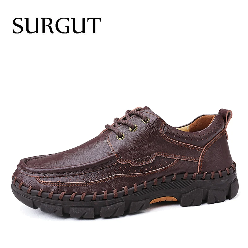 01 Brown Мужская официальная обувь из спилка SURGUT, деловые повседневные мокасины синего цвета на плоской подошве для осени и весны - Цвет: 01 Brown