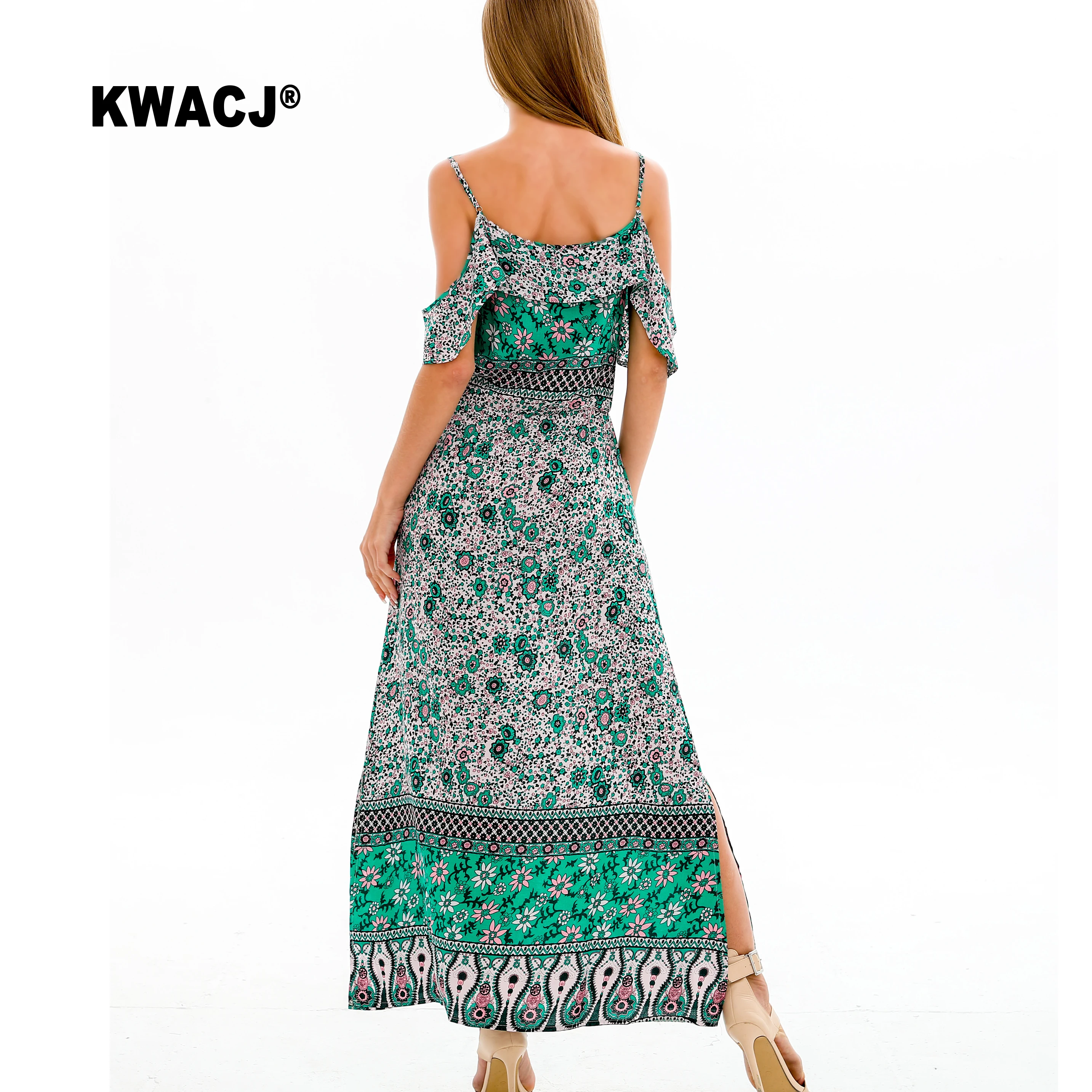KWACJ зеленое Цветочное платье с открытыми плечами Boho ЖЕНСКИЕ НАРЯДНЫЕ ремни