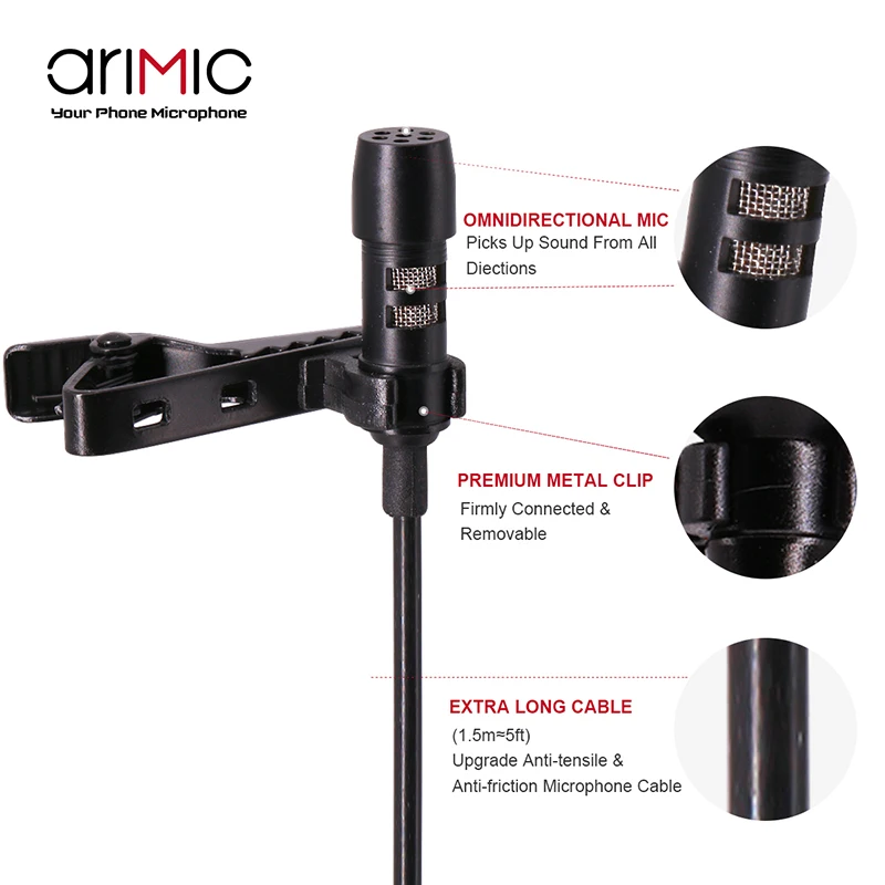 AriMic USB Запись Lavalier микрофон клип на лацкане всенаправленный конденсаторный для