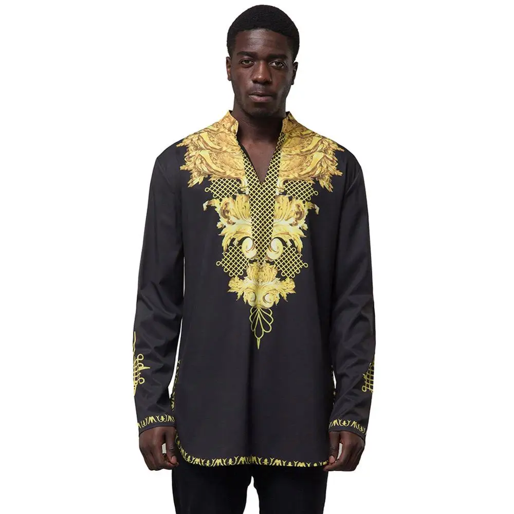 Black SUNGIFT Африканский мужской топ с длинными рукавами Африка Дашики V шеи большой размер Топ африканская одежда для мужчин новая модная одежда с принтом - Цвет: Black