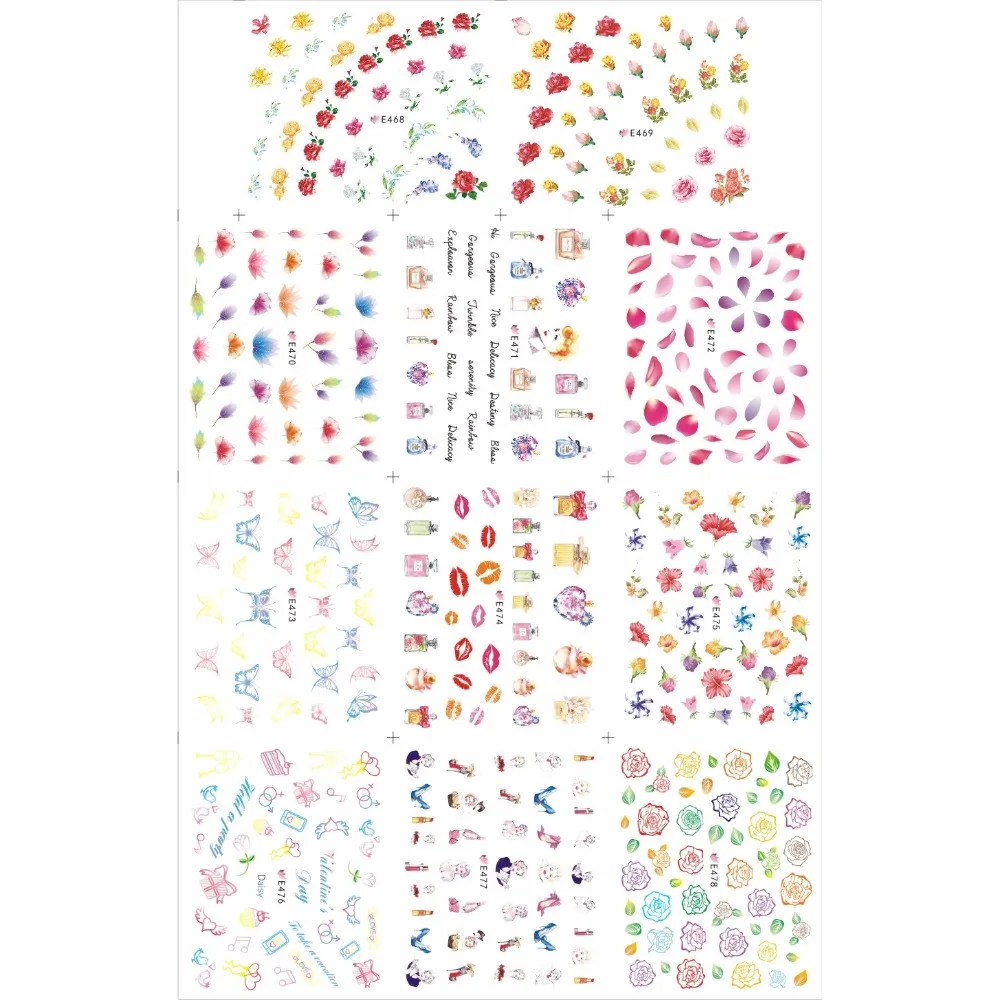 

11 PCS / LOT SIMULATION SELF-ADHESIVE 3D NAIL TATTOOS STICKER SEXY GIRL X-RAY FLOWER PETALS ROSE PERFUME BOTTLE E468-478