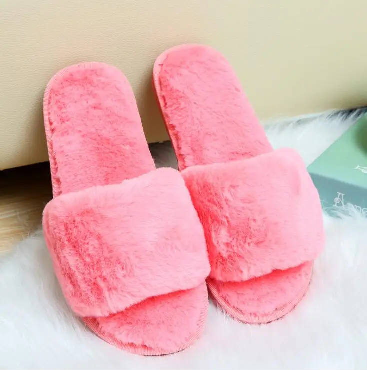 Women Slippers Winter Shoes Flat Sweet Home Slippers Woman Indoor Shoes Fur Warm Soft Slip On Black Pink Grey Female flip flops - Color: Pink