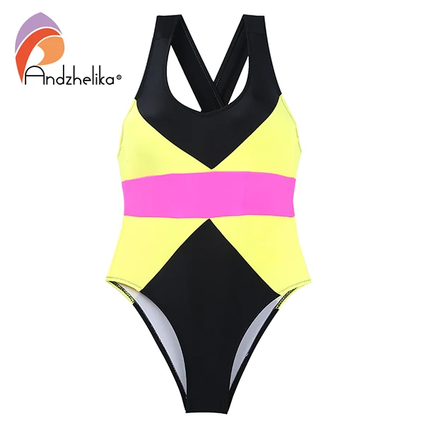Yellow Andzhelika/ г. Спортивный костюм для плавания для Девочек Цельный купальный костюм разноцветный лоскутный пляжный комбинезон для купания для девочек, монокини - Цвет: Yellow