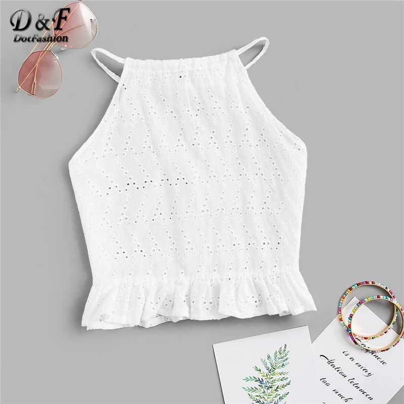 Dotfashion Одноцветный вышитый Schiffy гофрированный кроп топ с лямкой через шею женские летние топы жилет в стиле бохо для девушек и молодых милых топиков