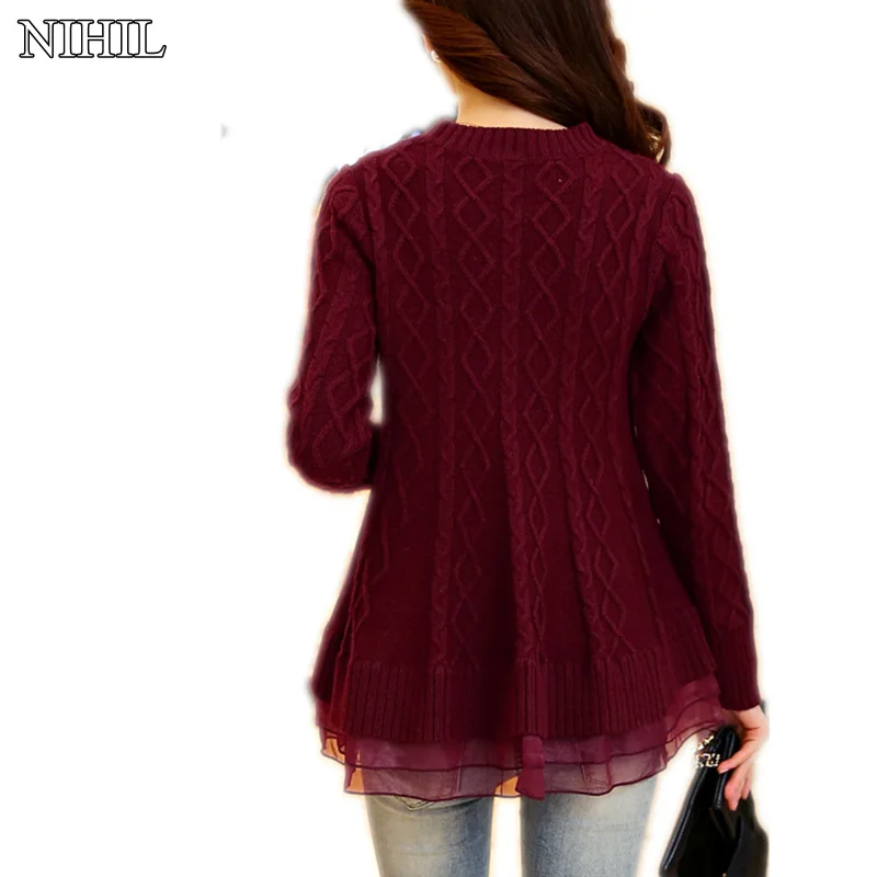 Women Knitted Lace Sweater Dresses 2017 Latest Long-Sleeve O-Neck Red Knitwear Fashion Crochet Pullovers Clothing Tops | Женская одежда