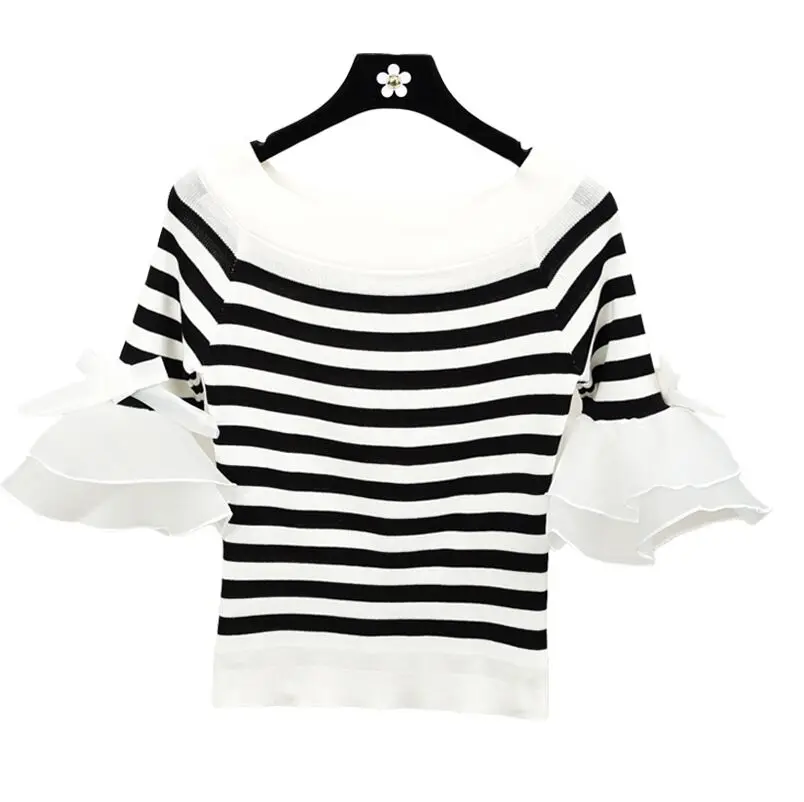 white stripe Женская модная полосатая футболка с вырезом-лодочкой, топы для девочек, трикотажная шифоновая футболка в стиле пэчворк, укороченный Топ для женщин - Цвет: white stripe