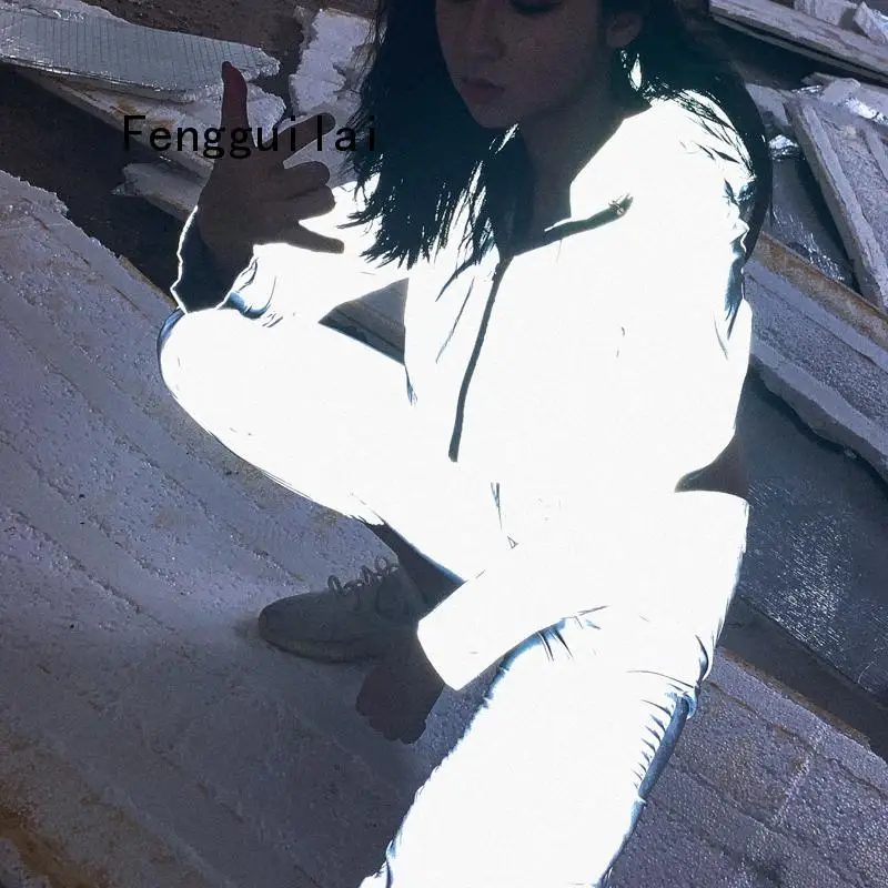 

High quality flash reflective jogger pants 2019 autumn winter women casual gray solid streetwear trousers