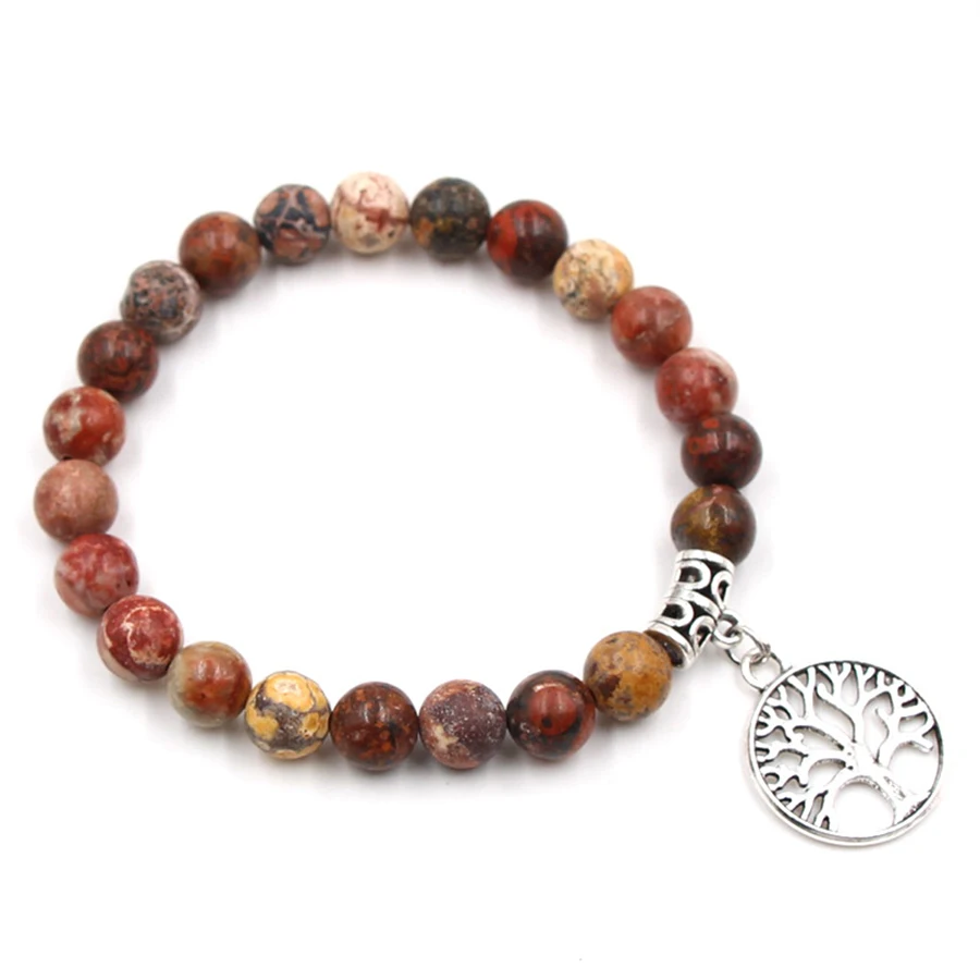 

HOBBORN Trendy Life Tree Chakra Bracelet Women Men 8mm Natural Map Tiger Eye Picture Stone Beads Handmade Strand Charm Bracelets