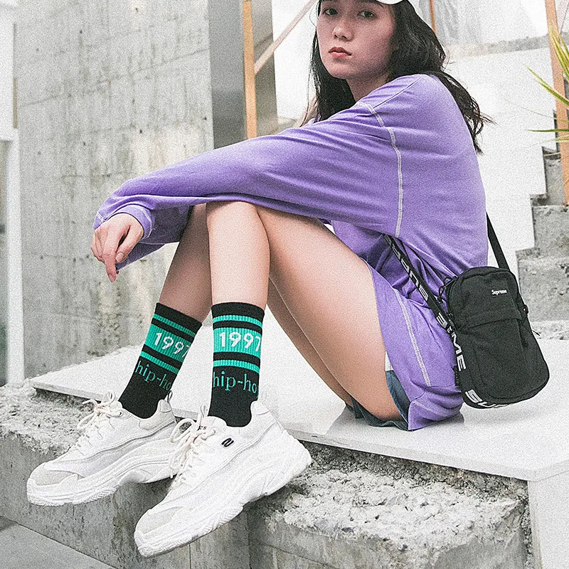 Street socks Soft Cotton Striped Printed Modern Hip-hop Cool Skateboard Harajuku Funny Socks For Couple | Мужская одежда