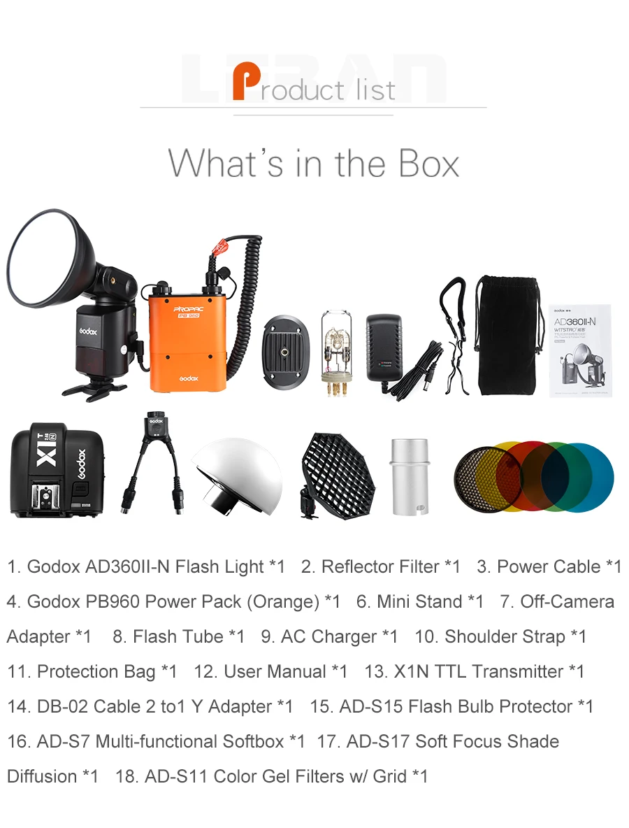 Внешняя Мощная Вспышка Godox Full Speedlite AD360II-N ttl+ PB960 power Pack оранжевый или черный+ X1T-N ttl передатчик+ AD-S7 софтбокс
