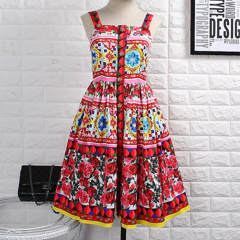 [Alphalmoda] Женская изящная роза печатных бальное платье Высокая талия однобортный