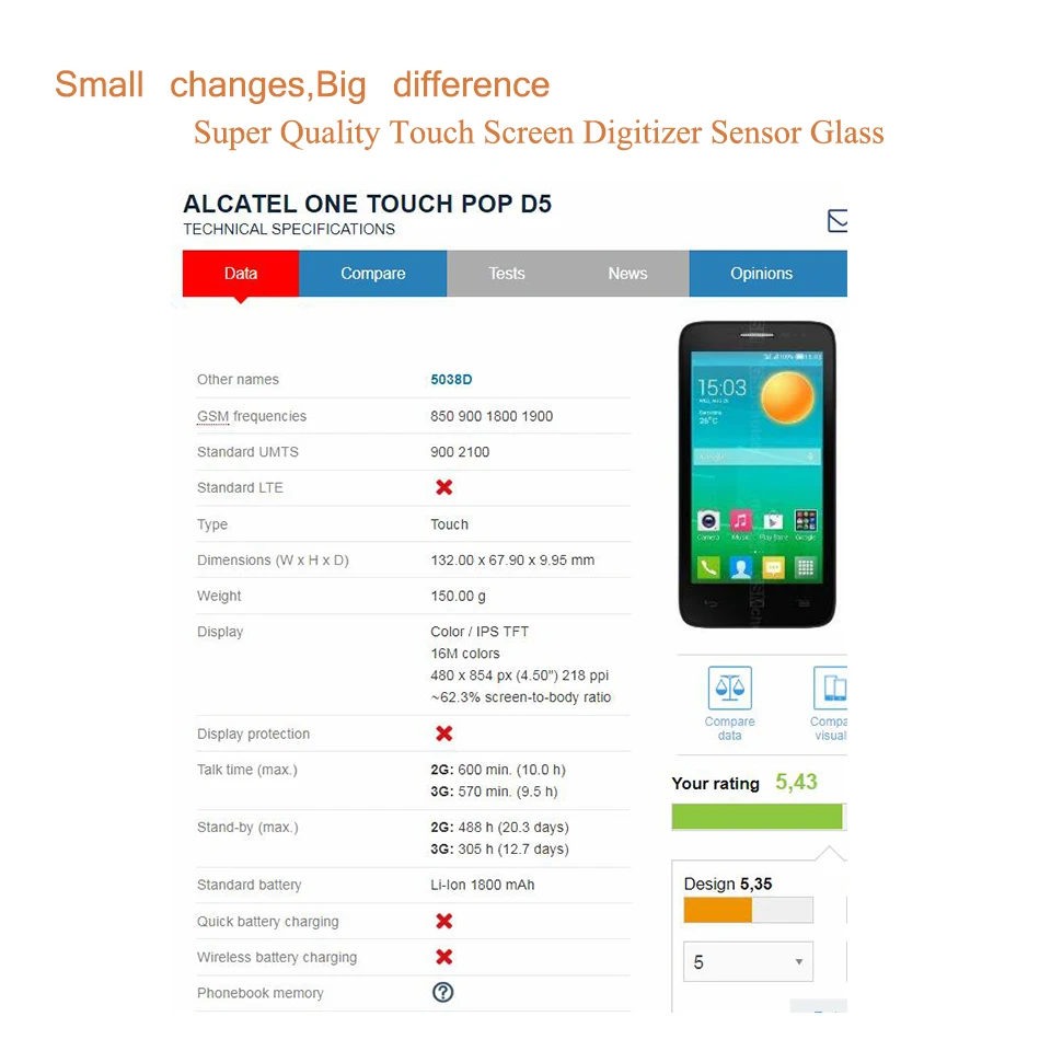 Сенсорный экран для Alcatel One Touch POP D5 5038 5038D 5038E 5038X OT5038 сенсорная панель сенсорный с