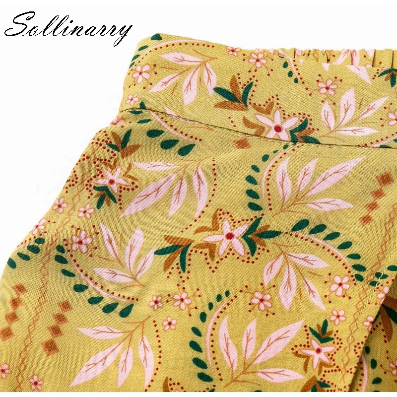 Sollinarry, повседневные, с высокой талией, широкие брюки, женские, желтые, пляжные, с разрезом, осенние брюки, женские, с цветочным принтом, Sash, Капри, зимние