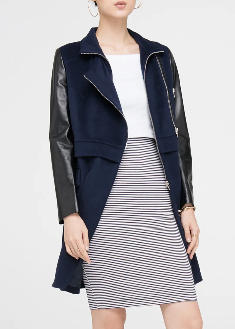 

2016Autumn Genuine Leather Spliced Long Jacket Women Sheepskin Zipper Jaqueta De Couro Womens Coats And Jackets Winter Plus Size